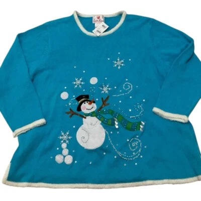 NWT Quaker Factory Womens 3X Christmas Ugly Sweater Light Up Beaded Snowman  - Image 1 of 4