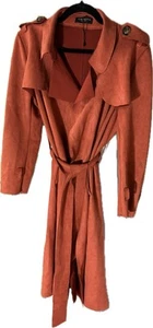 Few Moda Rust Orange Trench Coat M Waterfall Drape Belted Wrap Style Suede Look - Picture 1 of 9