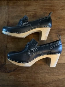 Euc Swedish Hasbeens Loafer Clogs Heels EU 38 US 7.5 Black Leather - Picture 1 of 8