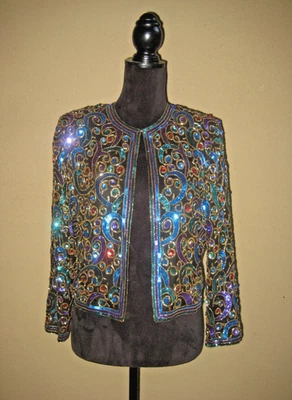 Chaqueta de noche recortada multicolor cuentas lentejuelas seda negra Scala vintage S Foto 1 de 4