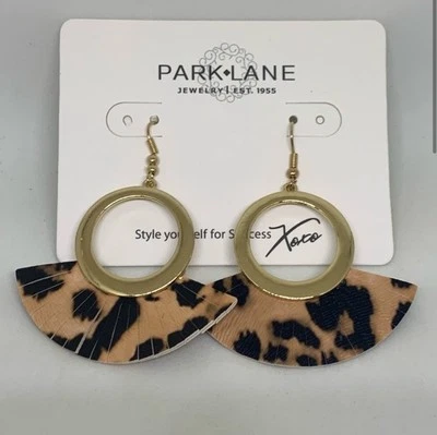 NUEVO Pendientes Park Lane FRISKY Abanico Leopardo Dorado Cuelga Cuero Vegano Aro Foto 1 de 4