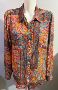 Jones New York Women Top Shirt Blouse XL Blue Orange Red Paisley Button Down - Picture 1 of 7