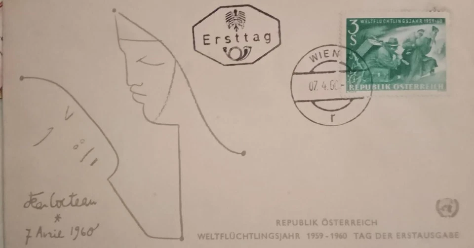 BUSTA PRIMO GIORNO POSTE AUSTRIACHE JEAN COCTEAU 1960 ANNULLATA COME FOTO - Immagine 1 di 1