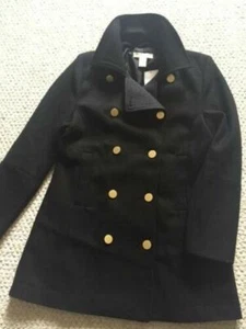 H&M DOUBLE BREAST PEA COAT WOOL BLEND TWILL TOP JACKET BLACK GOLD BUTTON LINED - Picture 1 of 8