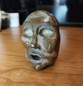 Heavy 3.5" Brutalist Ceramic Face Mask Sculpture Miniature Glazed Excellent!!! - Picture 1 of 16