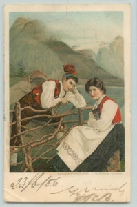 Postcard Man Lovingly Staring At A Woman, Outdoor Scene, Mountains, - Picture 1 of 2