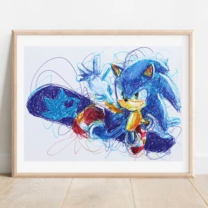 Sonic Snowboarding Ballpoint Pen Print, Sonic the Hedgehog Art Poster - Picture 1 of 3