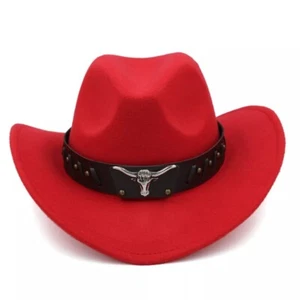 Red Western Cowboy Cowgirl Hat for Men Women – Black Bull Strap Retro Felt - Picture 1 of 5
