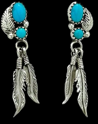 Indianerschmuck Ohrringe Türkis Silberfedern Westernschmuck Navajo Annie Spencer - Bild 1 von 4