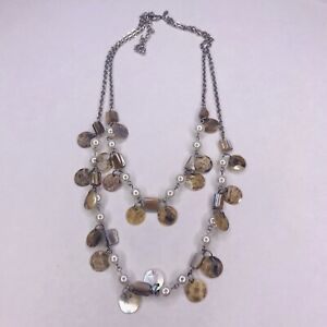Premier Designs Double Strand Necklace Shell Discs Faux Pearl Silver Chain 