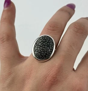 Stingray Coral 925 Sterling Silver Ring Adjustable Size Black Leather Natural - Picture 1 of 7