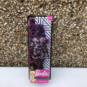 Barbie Fashionistas Doll #125 with Purple Hair & Black Floral Dress - Picture 1 of 4