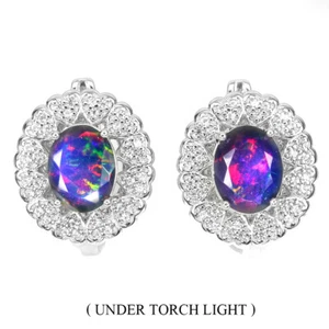 925 Sterling Silber Ohrringe Oval Schwarzer Opal 9x7mm Topas Edelstein Schmuck - Bild 1 von 9