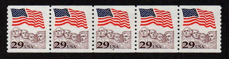 UNITED STATES, SCOTT # 2523, COIL STRIP OF 5 STAMPS PNC # 4, FLAG OVER RUSHMORE - Image 1 of 1