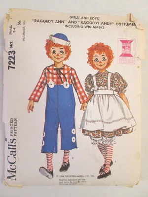 McCalls 7223 Vtg Toddler Costume Pattern 2-4 Raggedy Ann Andy Doll Wig Doll Mask - Image 1 of 4