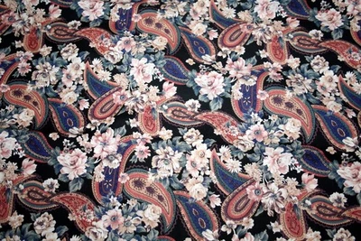 WHITE FLOWERS AND PINK PAISLEY ON BLACK-ALEXANDER HENRY    - 100% COTTON FABRIC - Image 1 of 4