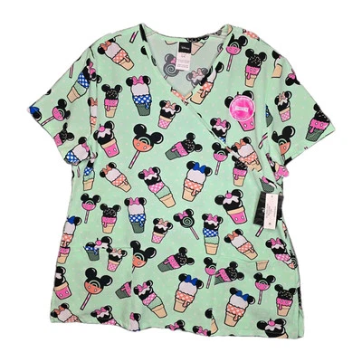 NWT Disney Mock Wrap Scrub Top Size L Minnie/Mickey Mouse Ice Cream Stretch - Image 1 of 4