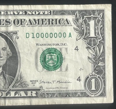 (MULTI MILLIONAIRE!)$1 Binary 10 MILLION Note Fancy Serial Number D10000000A - Image 1 of 4