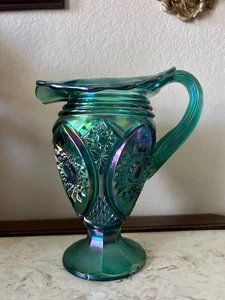Vtg Fenton Ruffled Carnival Glass Hobstar Pitcher Iridescent Spruce Green 8.5" - Picture 1 of 8