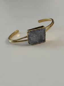 Light Purple Amethyst Druzy Gemstone Geode Open Cuff Bangle Bracelet Gold Tone - Picture 1 of 3