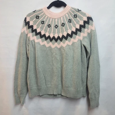 Suéter J Crew 100% Algodón Fair Isle - Como Nuevo Verde Salvia con Rosa L/XL Foto 1 de 4