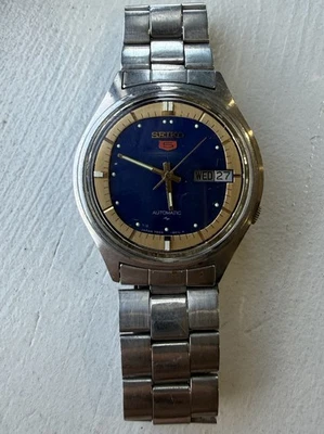 复古精工 5 自动 7009-8020 - 蓝色金色表盘不锈钢手表 — 第 1/4 张图片