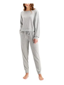 JENNI Womens Gray Elastic Band Long Sleeve Top Cuffed Pants Pajamas L - Picture 1 of 3