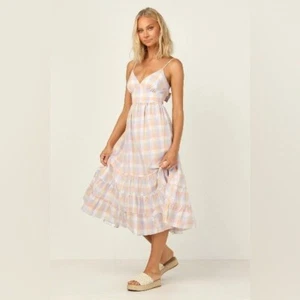 Jessica Simpson Pastel Plaid Tie Back Midi Dress Size Large Cottagecore Feminine - Picture 1 of 7