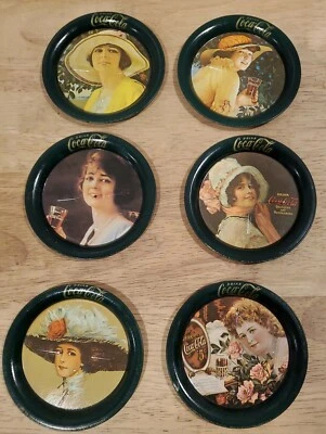 1983 Vintage Retro Coca-Cola 6 Tin Coasters Metal w/ Victorian Ladies Green - Image 1 of 4