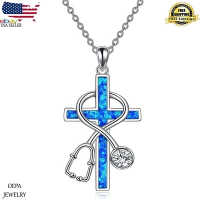 Collar estetoscopio de plata esterlina para collar de cruz de enfermera collar de cruz de ópalo Foto 1 de 4