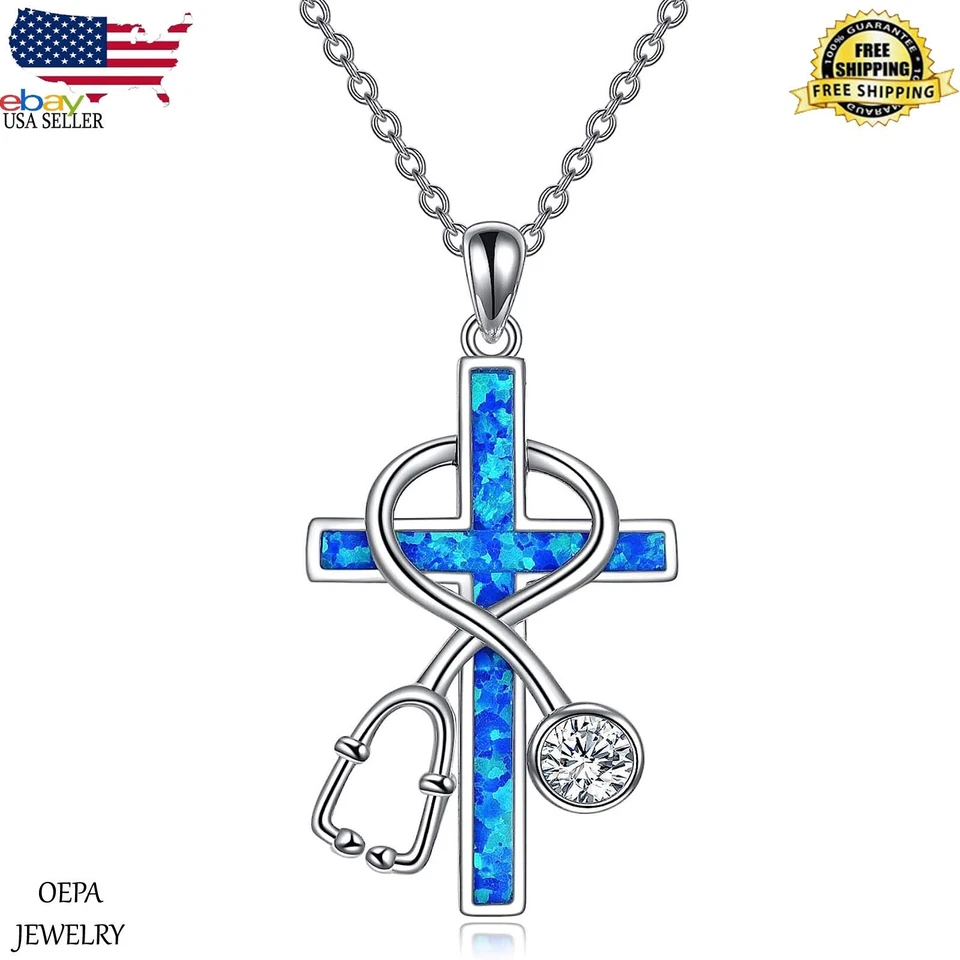 Collar estetoscopio de plata esterlina para collar de cruz de enfermera collar de cruz de ópalo Foto 1 de 4
