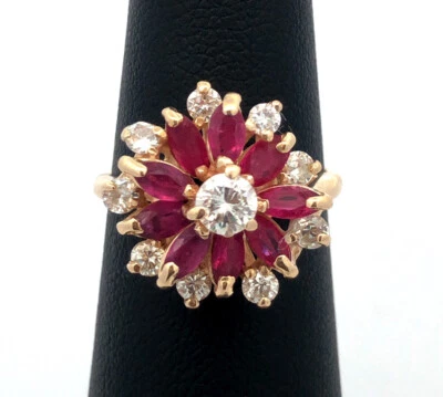 Vintage 14K Yellow Gold Round Diamond Marquise Lab Created Ruby Cocktail Ring - Image 1 of 4