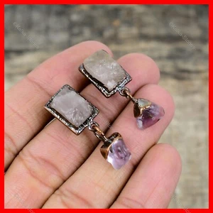 Copper Rose Quartz Rough Stone Bezel New Electroformed Dangle Earrings Jewelry - Picture 1 of 6