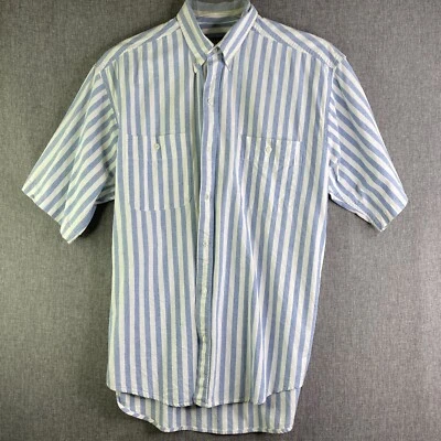 VINTAGE Tango by Max Raab Men L. Button Short Sleeve Blue Striped Shirt SS9 - Image 1 of 4