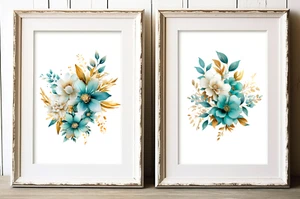 Floral Wall Art Prints, Set of 2 Teal Floral Wall Art Prints, Home Decor #108 - Picture 1 of 2
