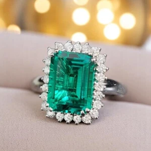 14K Gold Wedding Ring 11.92 Ct Lab Grown Real Diamond Emerald Cut Green Emerald - Picture 1 of 12