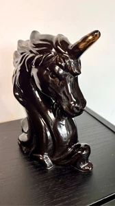 Retro Vintage Iridescent Unicorn Horse Bust Head Statue Gold & Black Porcelain - Picture 1 of 10