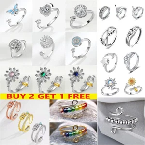 Unisex Anti Anxiety Rings Silver Adjustable Anxiety Relief Spinning Fidget Ring - Picture 1 of 53
