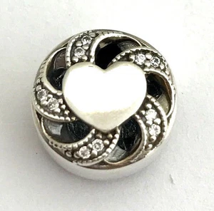 Authentic PANDORA Ribbon Heart Sterling Silver Clear CZ Charm, 791976CZ, New - Picture 1 of 2