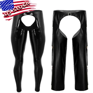 Men Wet Look PVC Leather Hollow Out Tights Pants Open Crotch Long Trousers - Picture 1 of 18