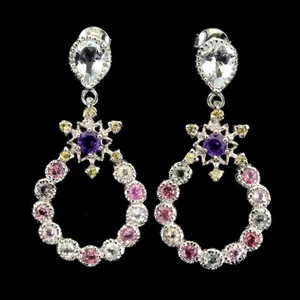 925 Sterling Silver Earrings Pear Aquamarine Sapphire Tourmaline Gemstone - Picture 1 of 10