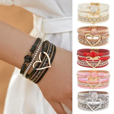 Hecho a mano multicapa cuero bohemio moda amor corazón PU seis colores moda Foto 1 de 4