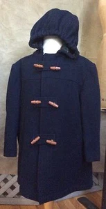 IMP ORIGINALS Classic Navy Wool UNISEX DUFFLE TOGGLE COAT 6 HOOD Plaid Lined USA - Picture 1 of 3
