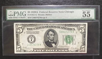 1928A $5 Chicago federal reserve note Fr#1951-G PMG 55 EPQ - Image 1 of 2