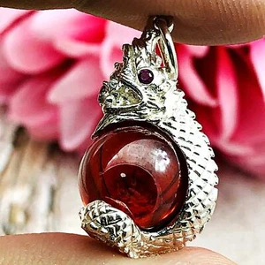 Naga Eye Red Leklai Ball Healing Crystal Pure Silver Pendant Thai Amulet #15389 - Picture 1 of 9