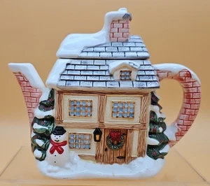 Vintage Albert E Price Christmas Winter Holiday Cottage Teapot Snowman 1991 - Picture 1 of 12