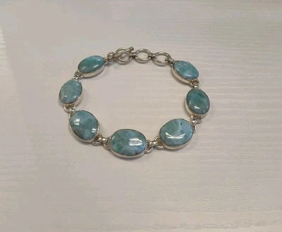 Juego de bisel ovalado Larimar de plata de ley 925 broche de palanca pulsera de tenis 7-8,5"  Foto 1 de 4