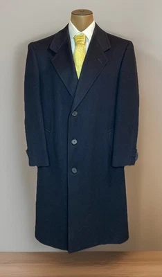 Vtg HART SCHAFFNER MARX Long Overcoat 44R Blue Long Trench Virgin Wool USA Made - Image 1 of 4