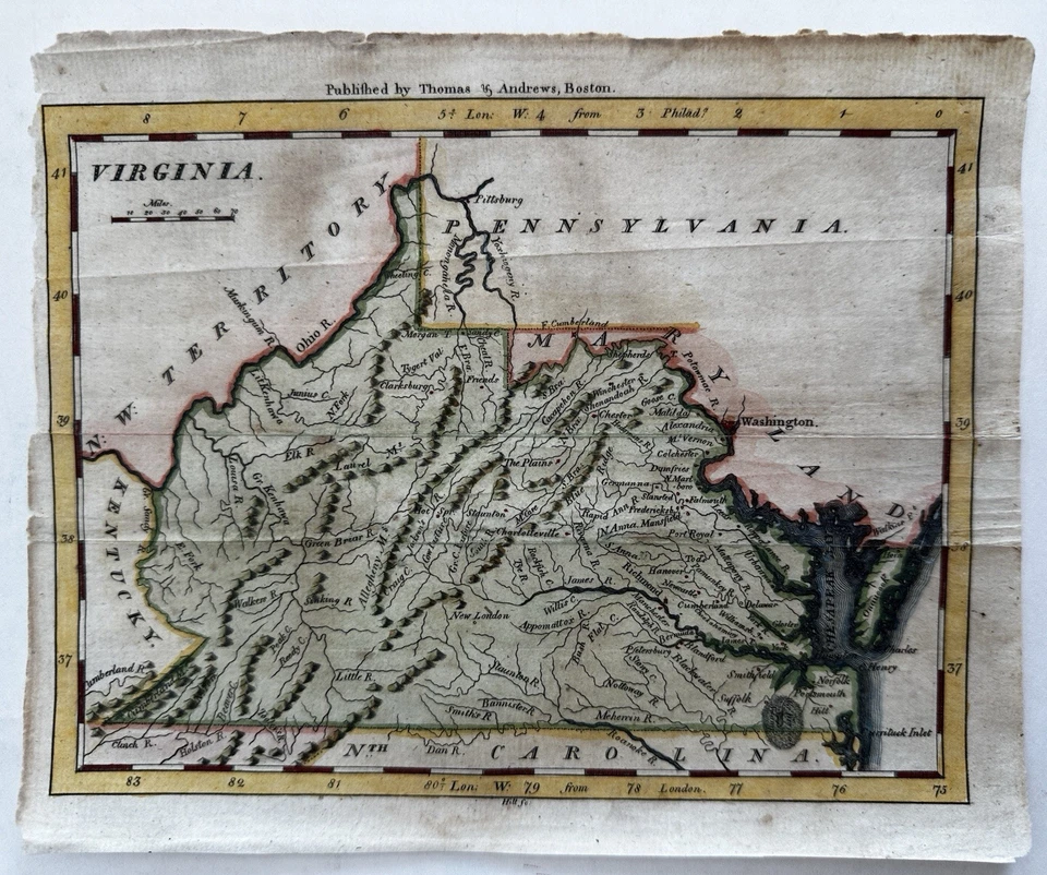 Virginia State 1796 Thomas & Andrews raro mapa a color grabado a mano Foto 1 de 4