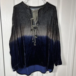 Johnny Was Velvet Tunic S Dip Dye Ombré Blue Gray Long Sleeve Tassels Tie Front - Picture 1 of 11
